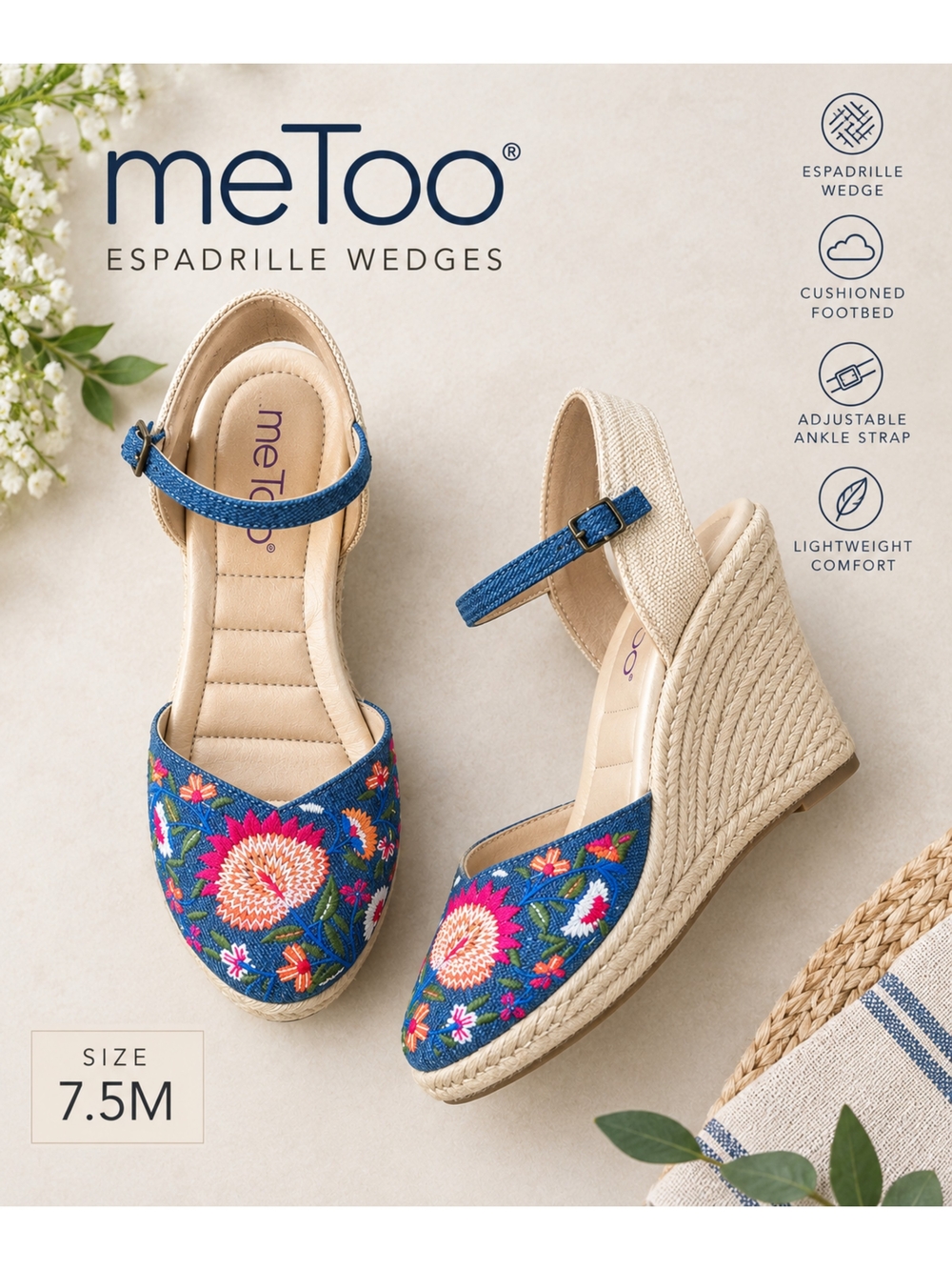 me Too Boho Blue Embroidered Espadrilles, Size 7.5M